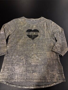 GUESS Metallic Silver Heart Logo Long Sleeve Tee